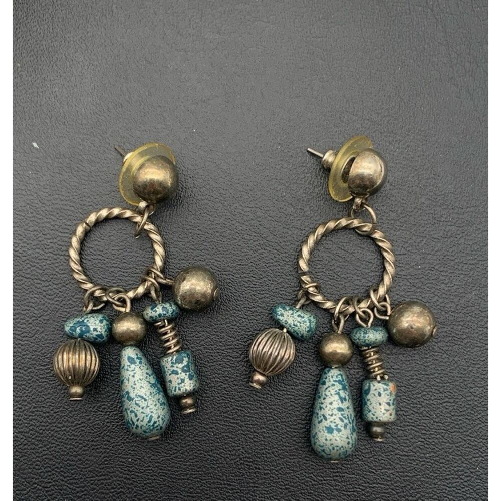 Antiqued Silver Tone Blue Speckled Dangle Earrings Boho Southwestern